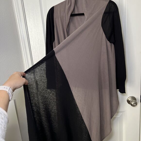 Drape Front Open Cardigan Sweater Wrap Women M/L Tan Black Colorblock Waterfall - Picture 7 of 10